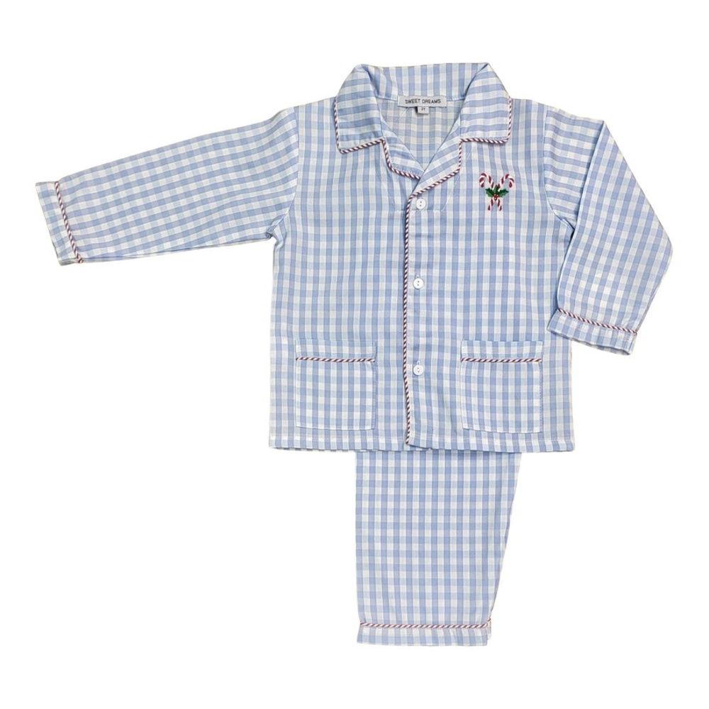 Sweet Dreams Blue Gingham Holiday Pajama Set with Candy Canes, Size 12M